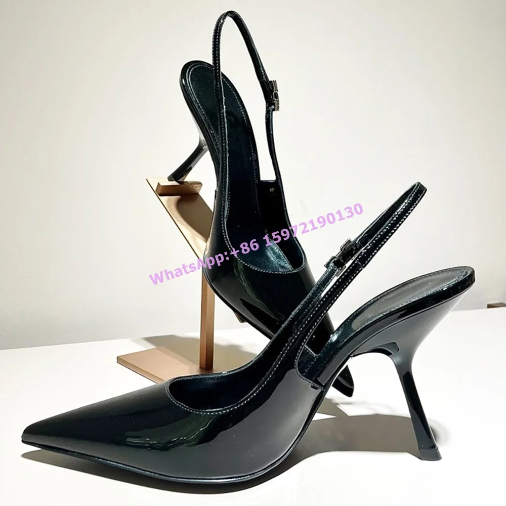 

Black Leather Shallow Sandals Slingback Crystal Metal Buckle Inclined Thin Heels Pumps Women's Sexy Elegant Concise Black Shoes