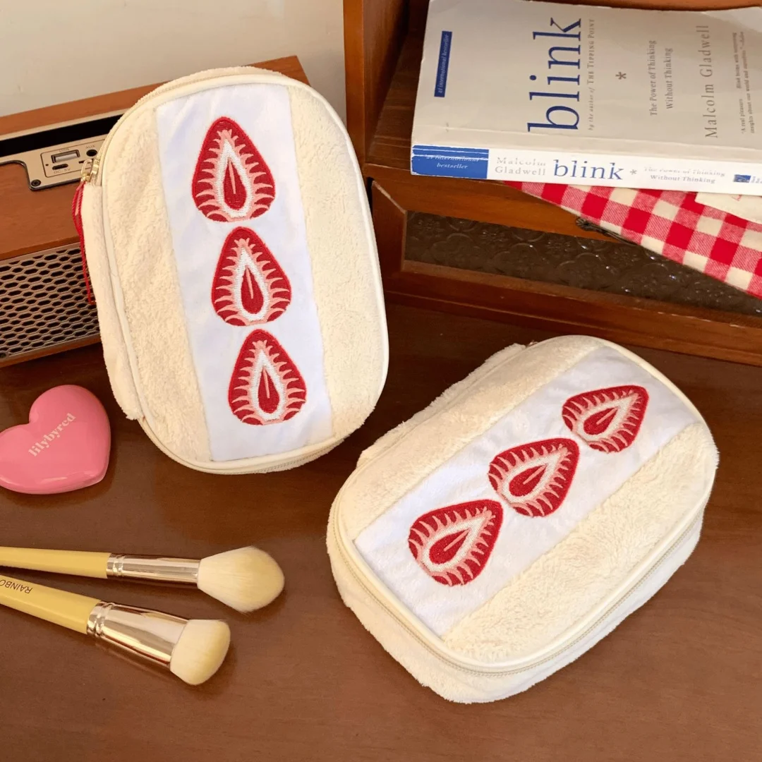 Cute Embroidered Strawberry Plush Pencil Case Portable Stationery Pen Box Multi Functional Large Capacity Makeup Bag Storage Bag