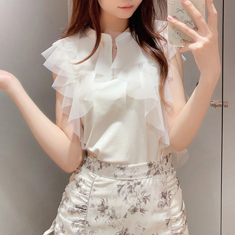 

Новинка Весна-Лето: Однотонный топ с воротником-стойкой и кружевной отделкой, прямой крой, из полиэфирного волокна, милый и элегантный.