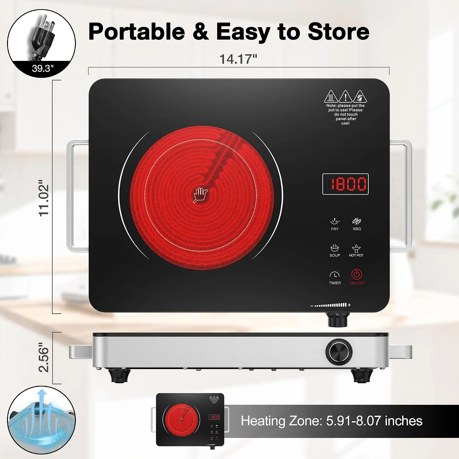 WABK Portable Electric Cooktop, 1800W Infrared Hot Plate Countertop Burner with Handle, 110V Single Burner Electric Stove with Knob & Touch Control, 4-Hours Timer & 10 Power Levels for Home Camping
