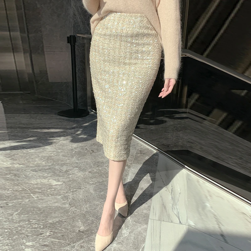 Sequined Tweed Skirts Women 2022 Autumn and Winter Mid-Length High Waist Hip Skirt One-Step Skirts Office Lady Work Wear