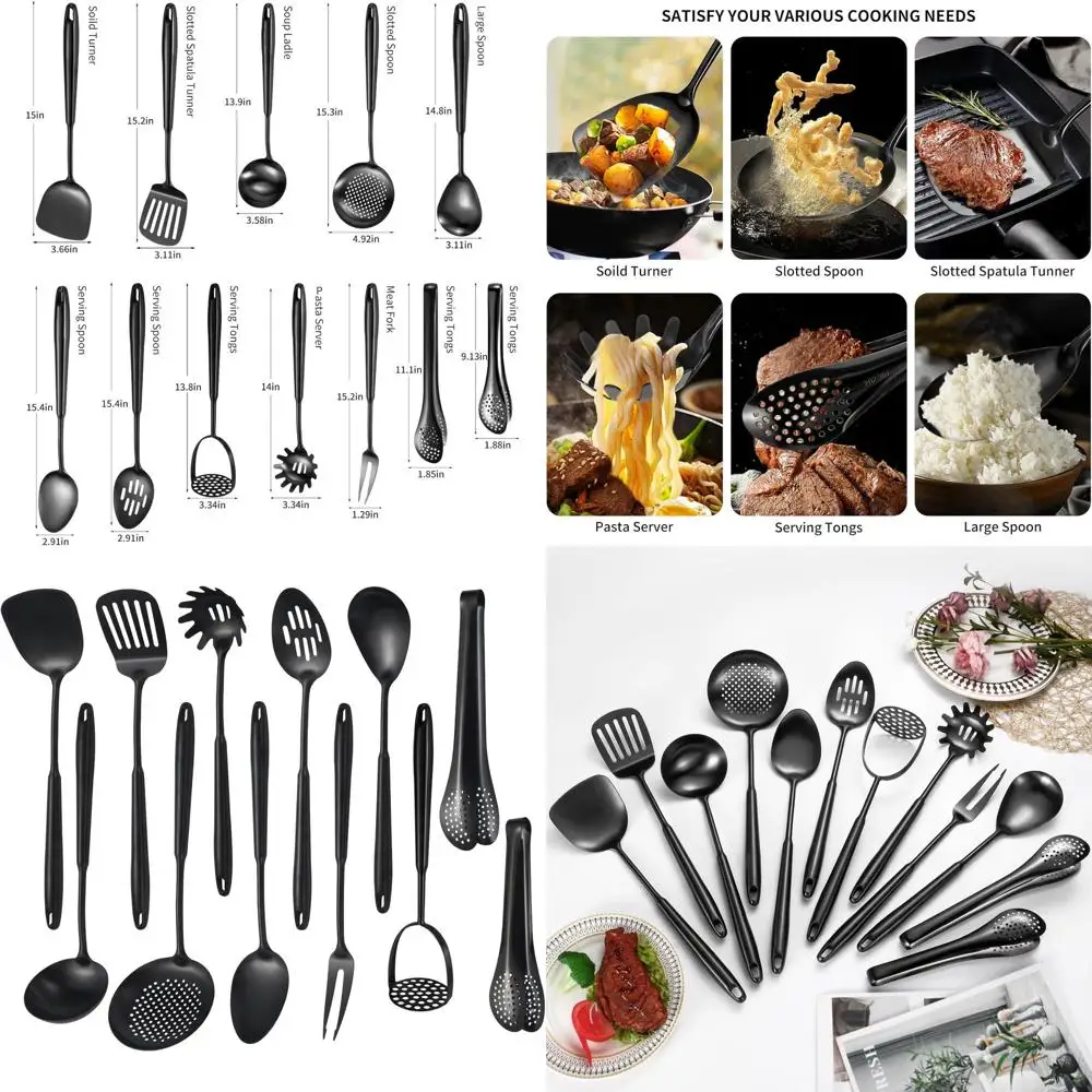 

12-Piece Stainless Steel Matte Black Kitchen Utensil Set with Spatula, Ladle, Spoon, Skimmer, Turner, Pasta Server, Tongs - Dish