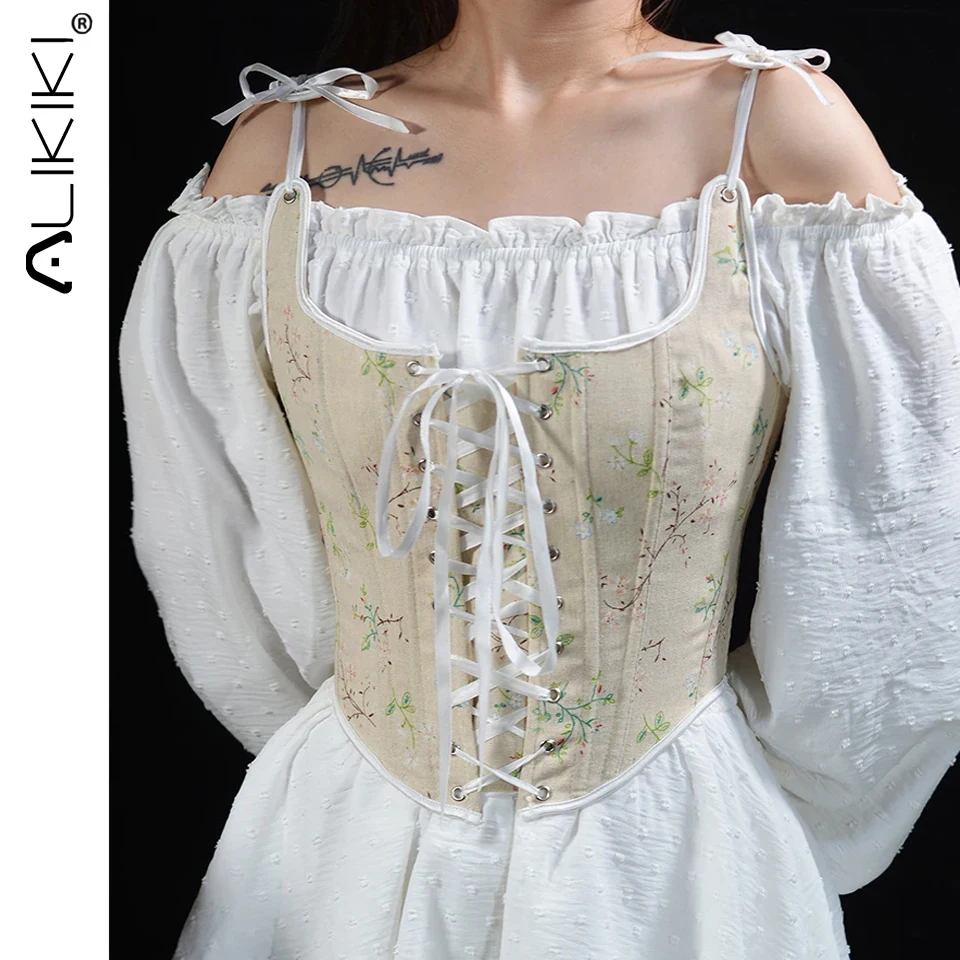 Floral Print Vintage Corset Lace Up Buister Medieval Princess Corset Fairycore Camis Crop Top Sexy Tanks For Women