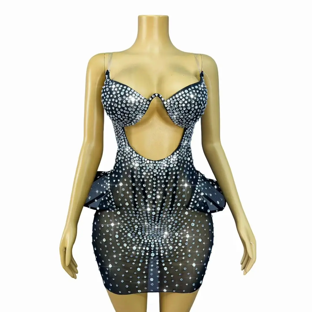 Robe fourreau Sexy sans bretelles pour fête d'anniversaire, avec strass, découpée, pour Cocktail, bal de promo, Mini robe de soirée, Costume de danseuse Gogo
