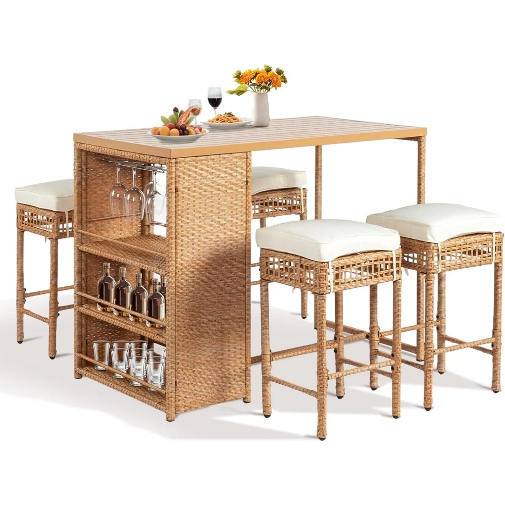 

5-piece outdoor bar set, rattan bar height terrace set, with 4 cushioned bar stools and tables, and hidden storage space