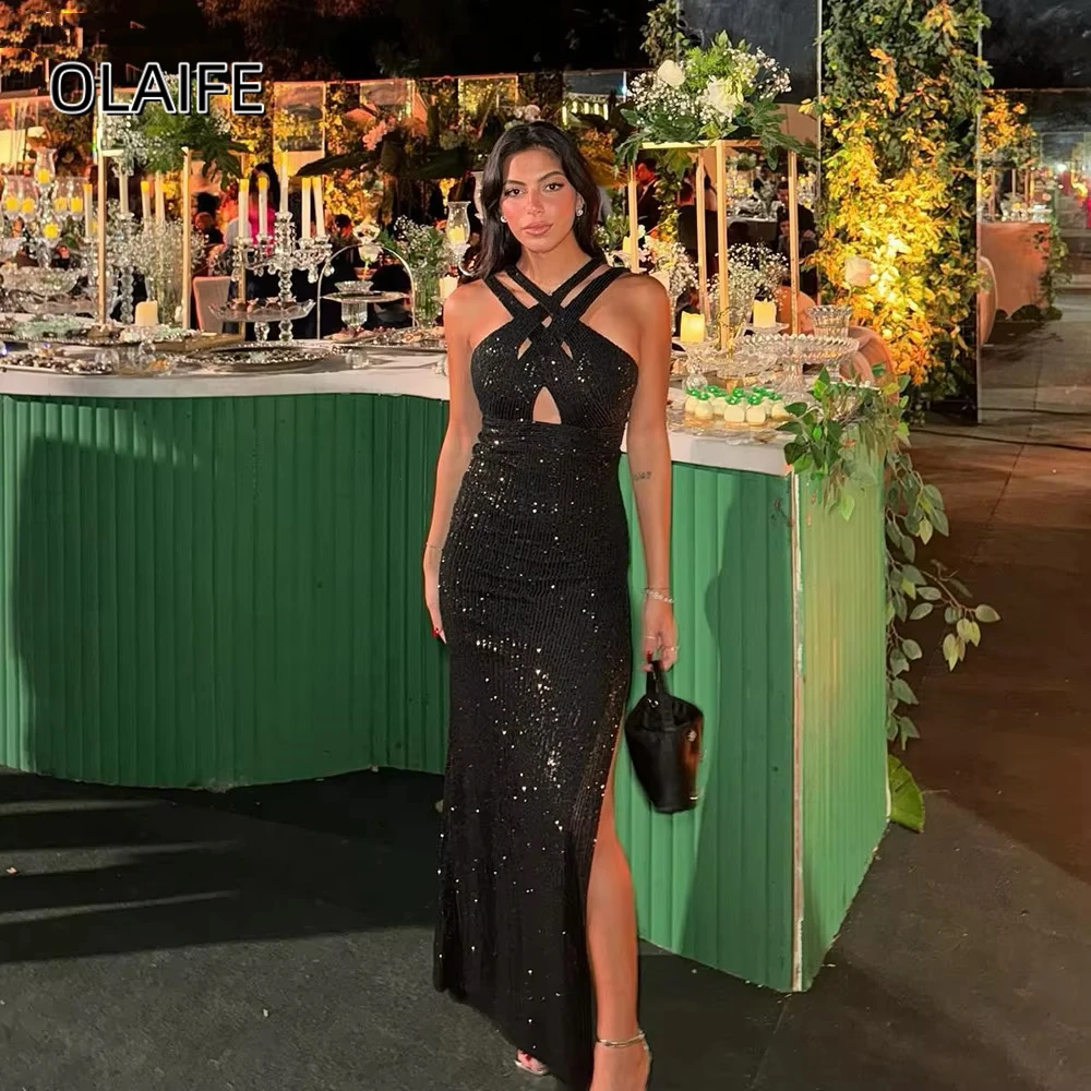 

Black Sequined Evening Dress Halter Shiny Prom Party Dresses Women Elegant Slit Sexy Party Gowns Customized свадебное платье