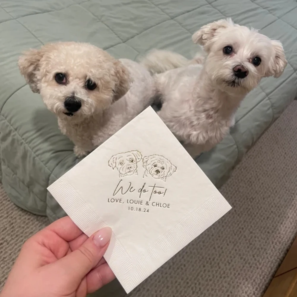 

Personalized Illustrated Dog Wedding Cocktail Napkins- Party Reception Rehearsal Dinner | Custom Pet Napkins,Anniversary, 50Pcs