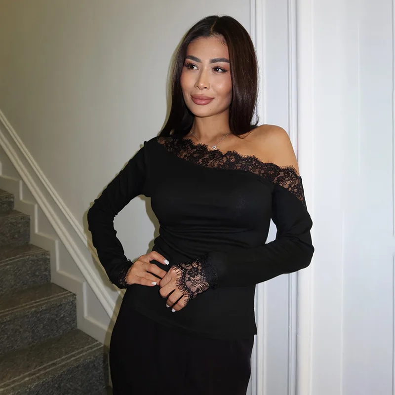 Tornova 女性の斜め肩レース Tシャツスリム長袖トップ夏のファッション通勤カジュアルプルオーバー固体女性 Tシャツ