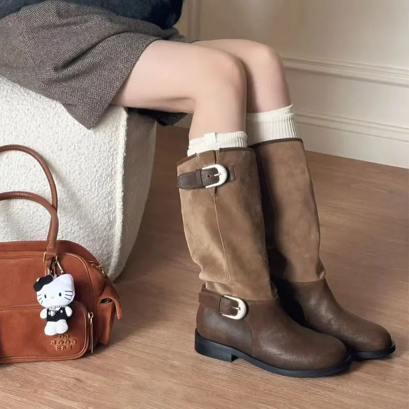 

Retro Brown Western Cowboy Boots 2026 New Belt Buckle Mid Top Boots Versatile Coarse Heel