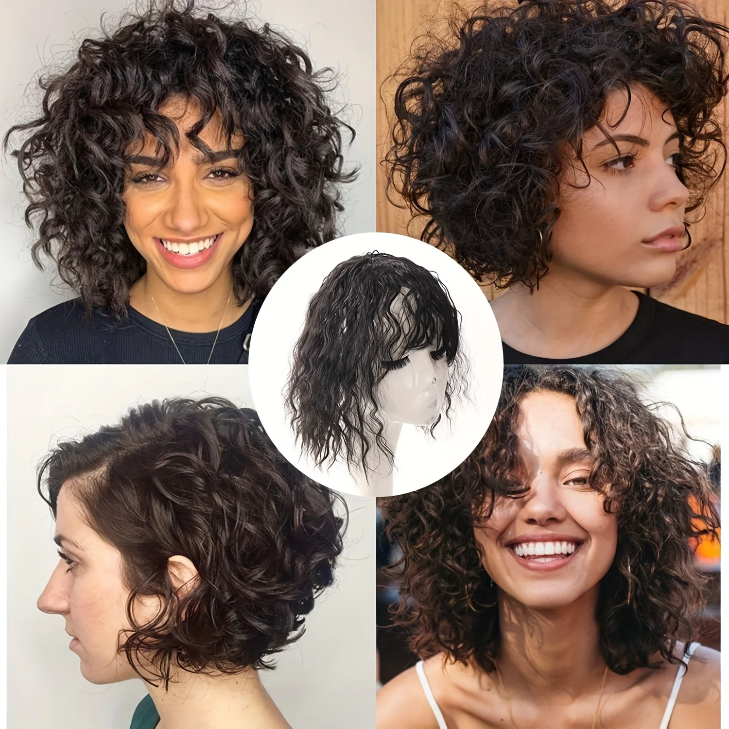 Short bob wig with bangs, wave pattern, thin top hairpiece for covering white hair, synthetic wig piece view 5