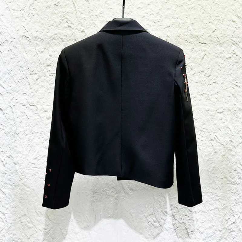 Trend Men's Blazer Short Suit Jacket Double-breasted Beading Rhinestone Chain Personalized Decoration Fashion Male Mens Clothing