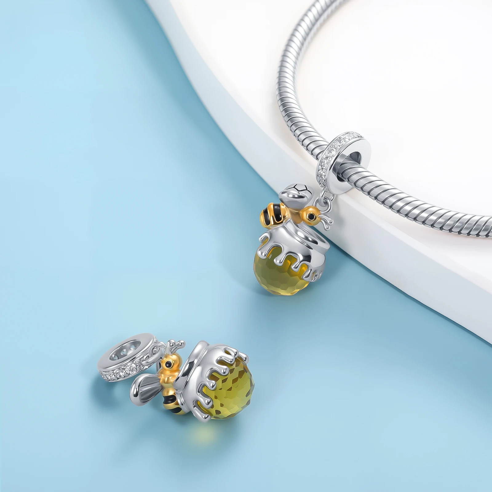 925 Sterling Silver Cute Honey Bee & Honey Jar Dangle Charms Nature Animal Beads Fits European Bracelets Hypoallergenic Gift