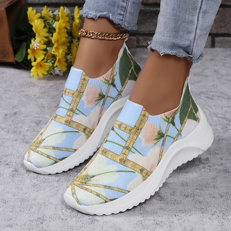 Fashion Print Platform Sneakers Women Non-Slip Breathable Knitted Sports Shoes Woman Summer Autumn Slip-On Mesh Casual Shoes