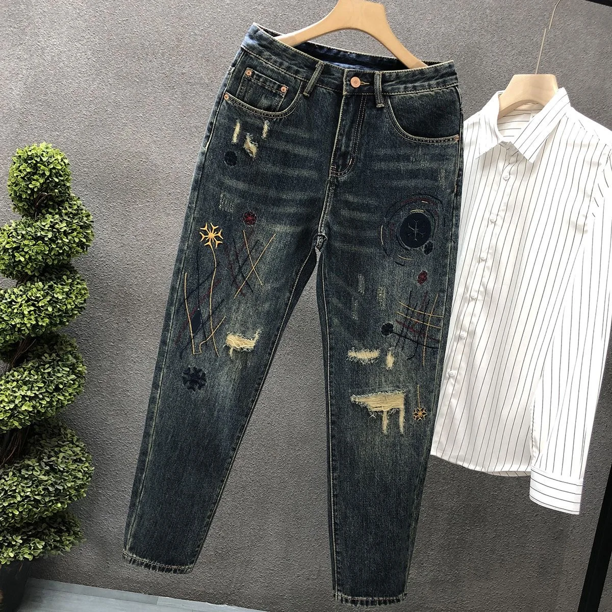 Spring and Autumn Fashion Trend Printed Straight-Leg Stretch Denim Jeans Men's Casual Comfortable Sports High-Quality Trousers