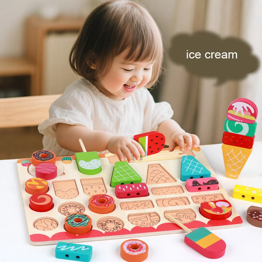 Montessori de madeira fingir jogar brinquedos de cozinha sobremesa quebra-cabeça brinquedos de sorvete de madeira pai-filho jogos de tabuleiro interativos