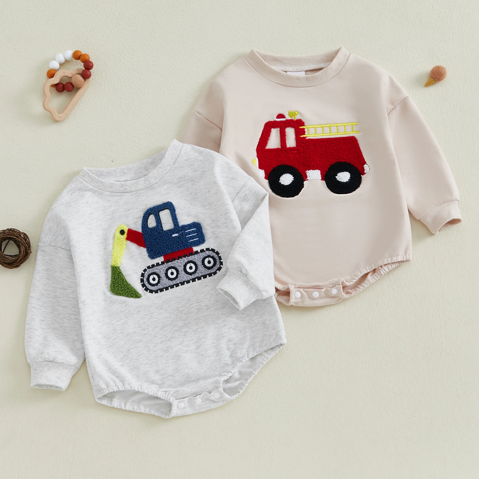 SUNSIOM Baby Boys Sweatshirt Romper Excavator/Fire Truck Embroidered Long Sleeve Round Neck Fall Jumpsuits