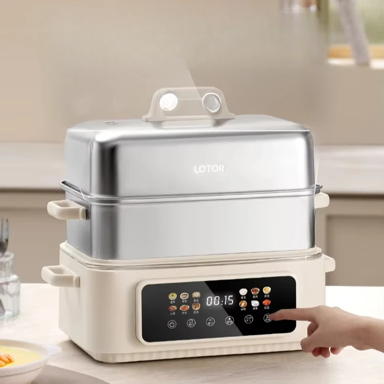 Vaporizador eléctrico de acero inoxidable para el hogar, olla integrada multifuncional de tres capas de gran capacidad para cocinar al vapor