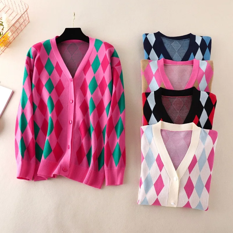 Spring Vintage Argyle Cardigan Top Women Casual Full Sleeve Single Breasted Knitted Outerwear Ladies 2022 New Leisure Cardigans