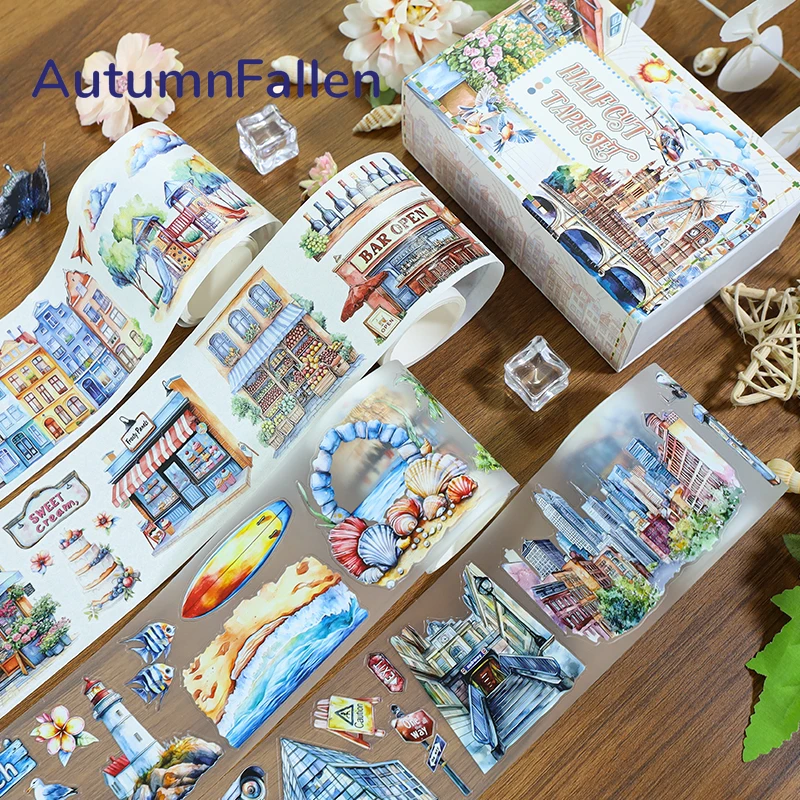 4Pcs/Set Matte Beach PET Washi Tape Pre-Cut Urban Architecture Masking Tape for Stickers Scrapbooking Journal Collage Material