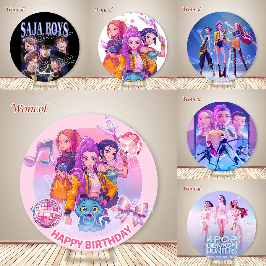 ฉากหลังวงกลม KPop Demon Hunters ลาย Saja Boys สำหรับตกแต่งงานวันเกิดเด็ก
