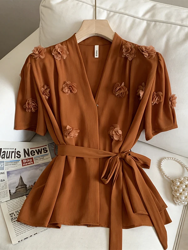 

plus Size Summer New Style Women's Shirt V-Neck Loose Floral Print Belly Covering Slimming Korean Style Casual Breathable