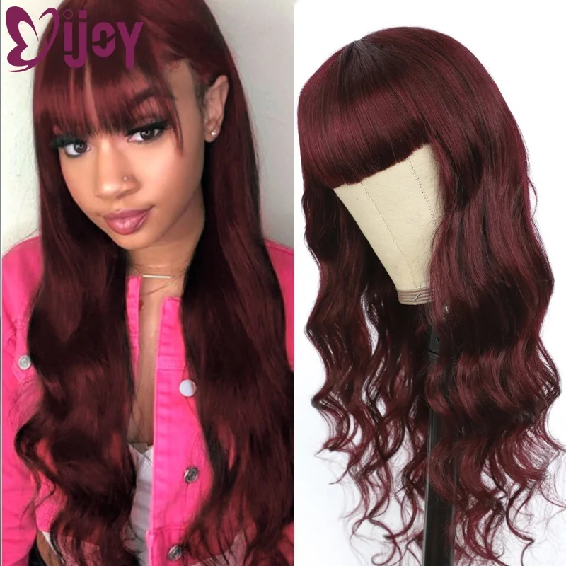 

IJOY Body Wave Human Hair Wigs With Bangs For Black Women 99J/Burgundy Full Machine Made Human Hair Wig Brazilian Remy Hair Wig