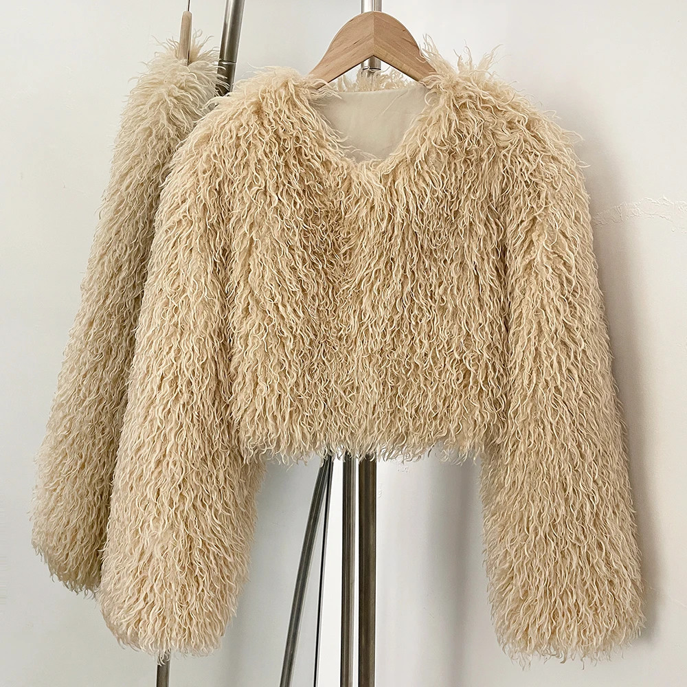 Kunstpelzmantel für Damen, Fell, flauschig, Herbst, kurzer Pelzmantel, umweltfreundlich, warm, weiblich, 2025, neue Winterjacke mit langen Ärmeln, O-Ausschnitt