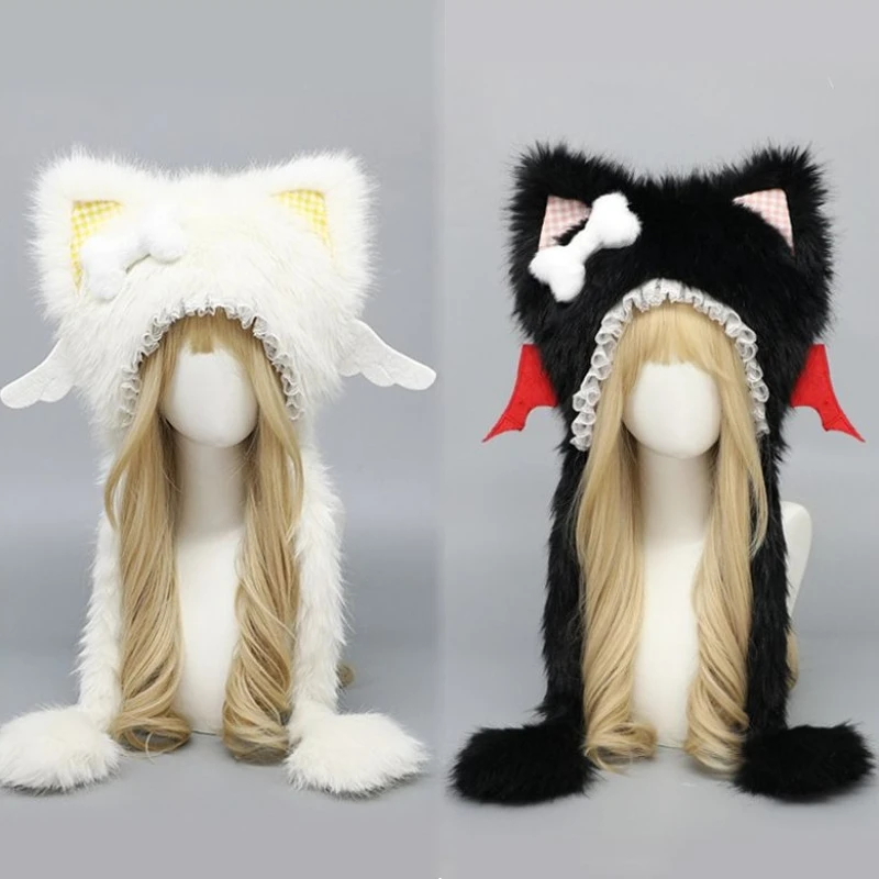 

Кавайная плюшевая шапка, желтая клетчатая шапка с ушками Неко, шапки с крыльями ангела, мягкая милая зимняя теплая шапка-ушанка для девочек, аксессуары для косплея, уличная одежда