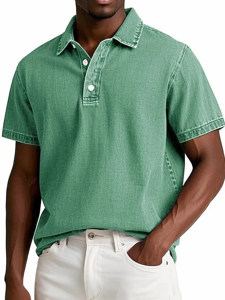 2025 New Men's Fashion Solid Color Retro Short-sleeved Lapel Polo Shirt