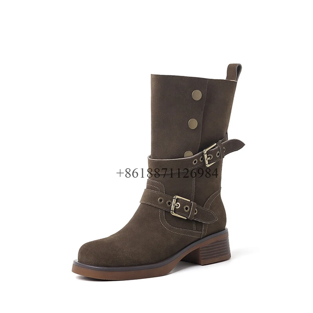 Genuine Leather Mid-Calf Round Toe Women Boots With Belt Buckle Chunky Middle Heels Button Design Large Size Customized Shoes