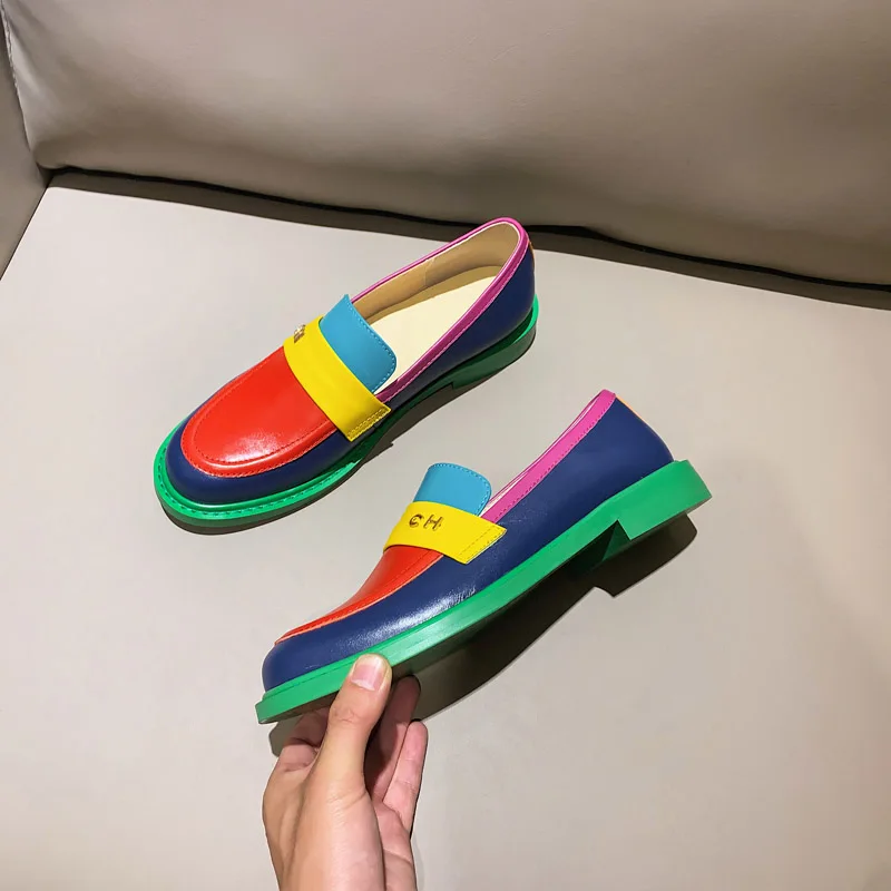 Photin rainbow retro design mocassini in vera pelle per donna 2024 scarpe con tacco basso punta tonda burattini casual plus size FT3578