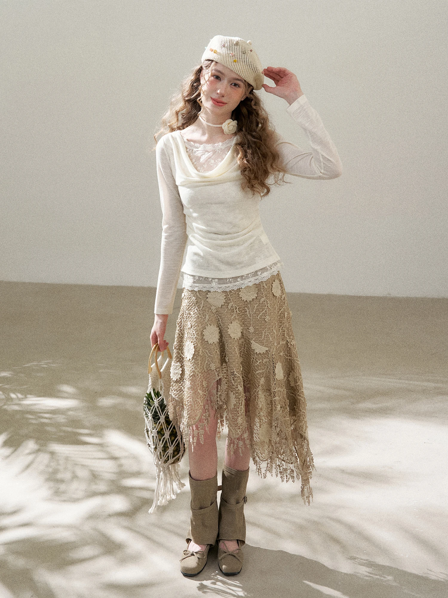 Spring 2026 New Style Girl's Lace Embroidered Heavy Work Asymmetrical Skirt Street Fashion High Waist Polyester Fiber Skirts