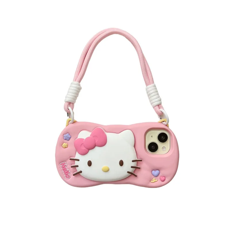 Kawaii HelloKitty جراب هاتف مع حامل آيفون 17 16 15 14 11 13 12 برو ماكس الكرتون السائل سيليكون غطاء ناعم مقاوم للصدمات