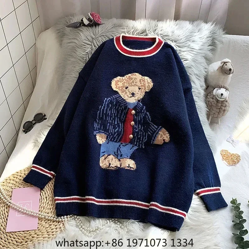Vintage Cartoon Bear Embroidery Knitted Sweater Women Autumn Winter Harajuku Loose Pullover Korea Warm Sweet Kawaii Jumpers view 6