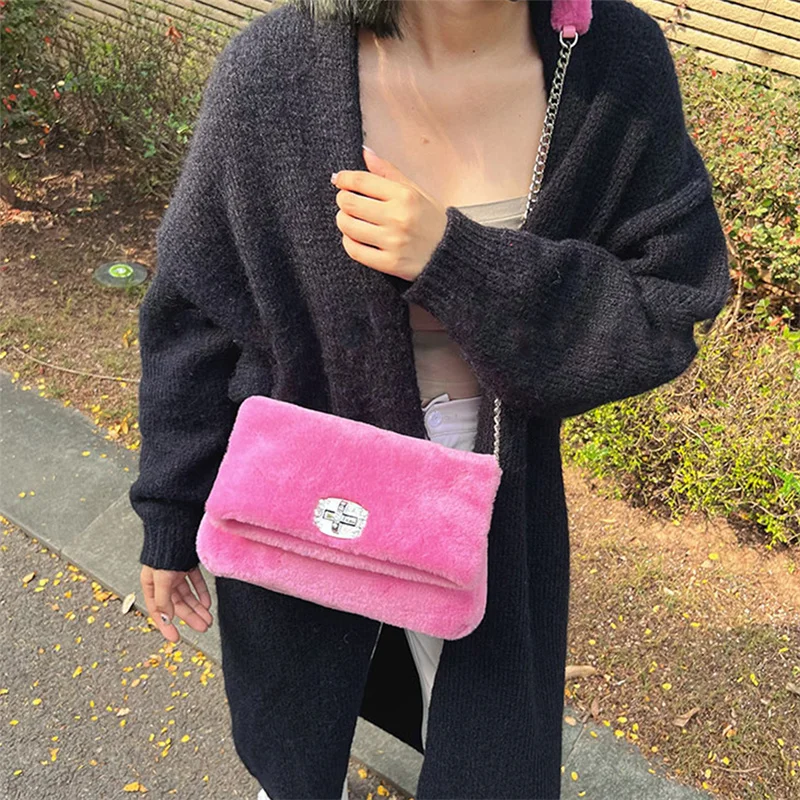 2023 New Fur Bag Women\'s Fashion Designer Luxury Diamond Rex Rabbit Fur Handbag Plush Shoulder Bag Charming Women\'s Fur Bag