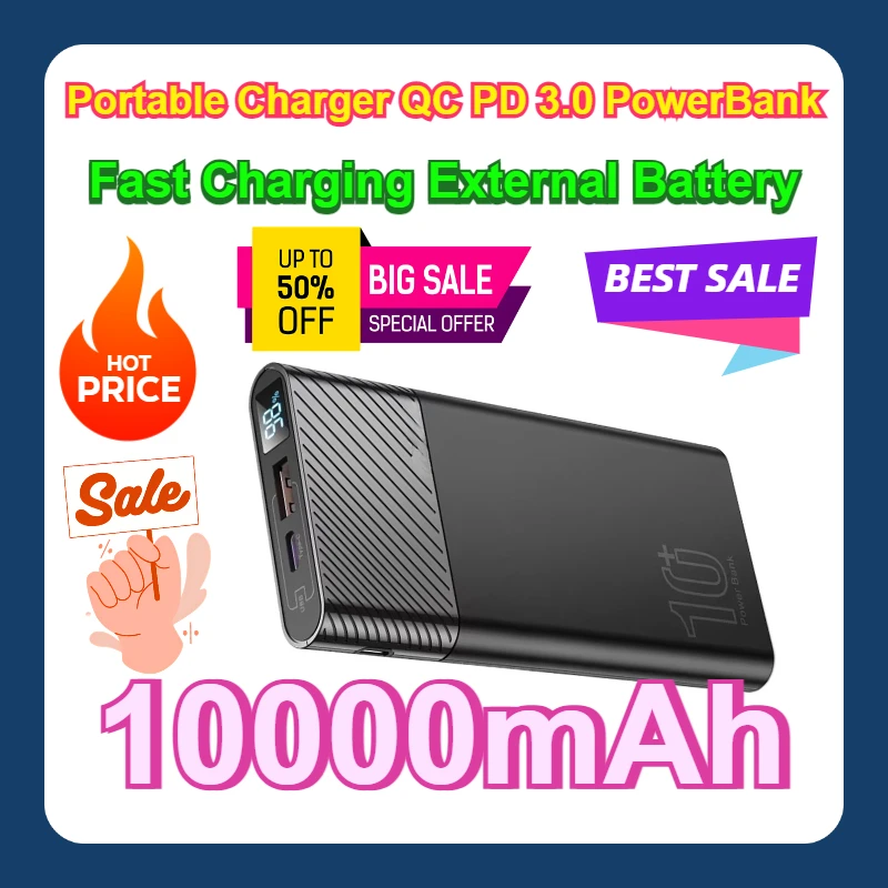 

For IPhone 16 15 Xiaomi Samsung 10000mAh Power Bank Portable Charger QC PD 3.0 PowerBank Fast Charging External Battery