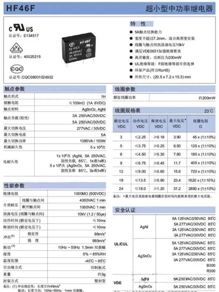 10 pz relè di potenza HF46F-005-HS1 HF46F-012-HS1 HF46F-024-HS1 HF46F 5-HS1 12-HS1 24-HS1 5A 250VAC 30VDC 4Pin 5V 12V 24V DC relè