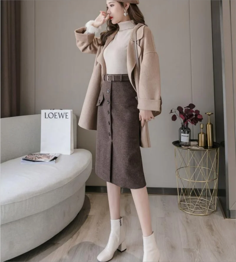 Korean short skirt 2023 autumn and winter high waist MIDI skirt a word package hip thickened one-step skirt