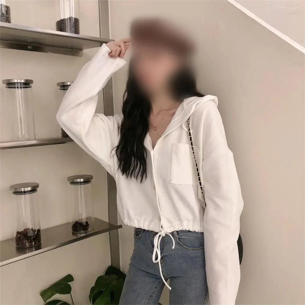 

Fashionable And Casual Loose Hooded Cardigan With Drawstring Short Jacket