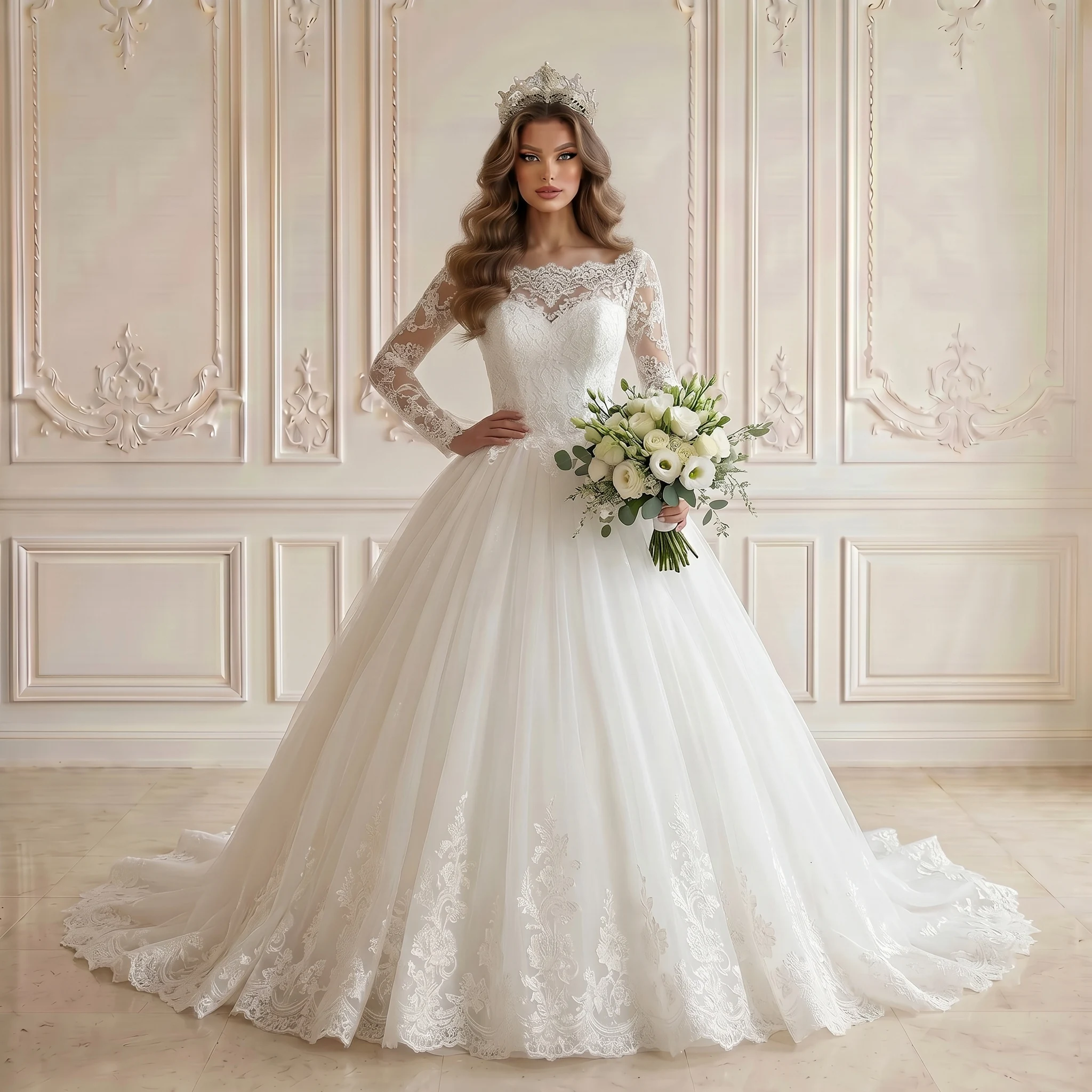 

High Neck Lace Long Sleeve Ball Gown Wedding Dress Soft Tulle Corset Back Floral Lace Chapel Train Bridal Gown
