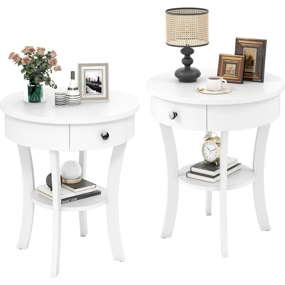 

Round End Table with Drawer, 2-Tier Wood Side Table with/Open Shelf, Small Sofa Side Table for Small Space