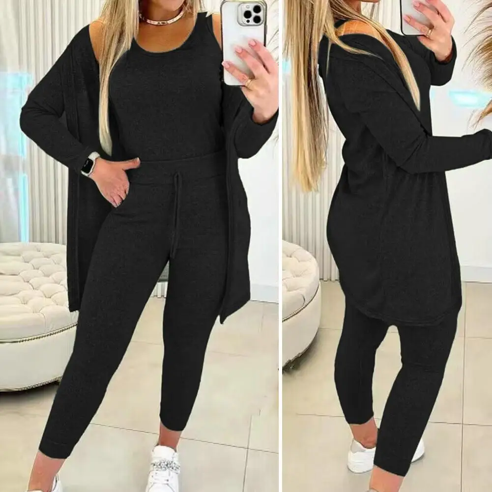 Women 3-piece Suit Women\'s 3-piece High Waist Elastic Sweatpants Suit with Vest Mid Length Coat for Fall Winter Sports Women