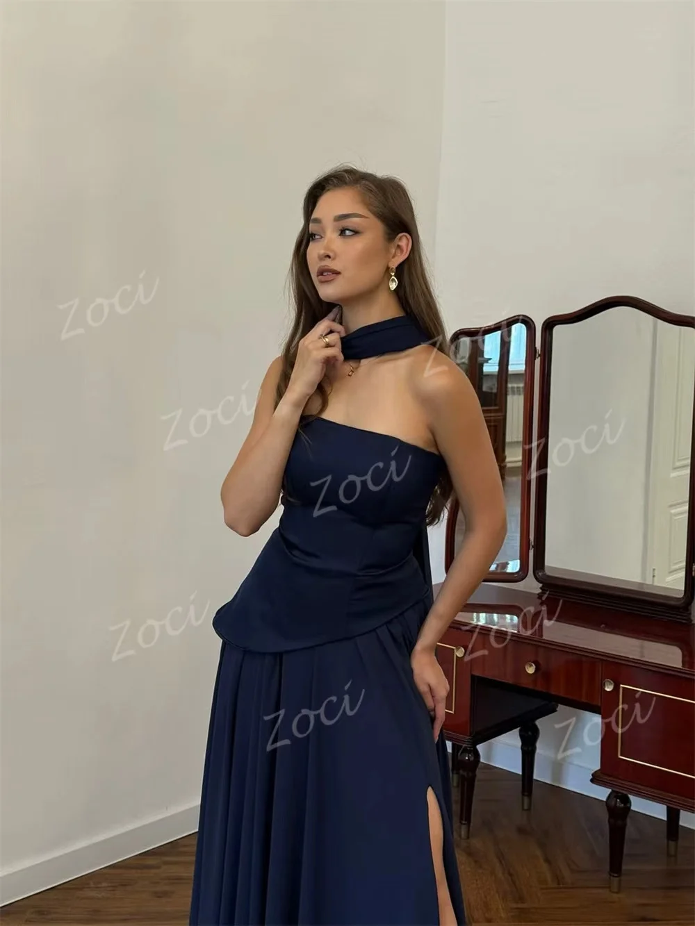 Zoci Navy Blue Chiffon Satin Long Prom Dresses Wrap Customized High Slit Evening Dress Women Formal Party Occasion Gown