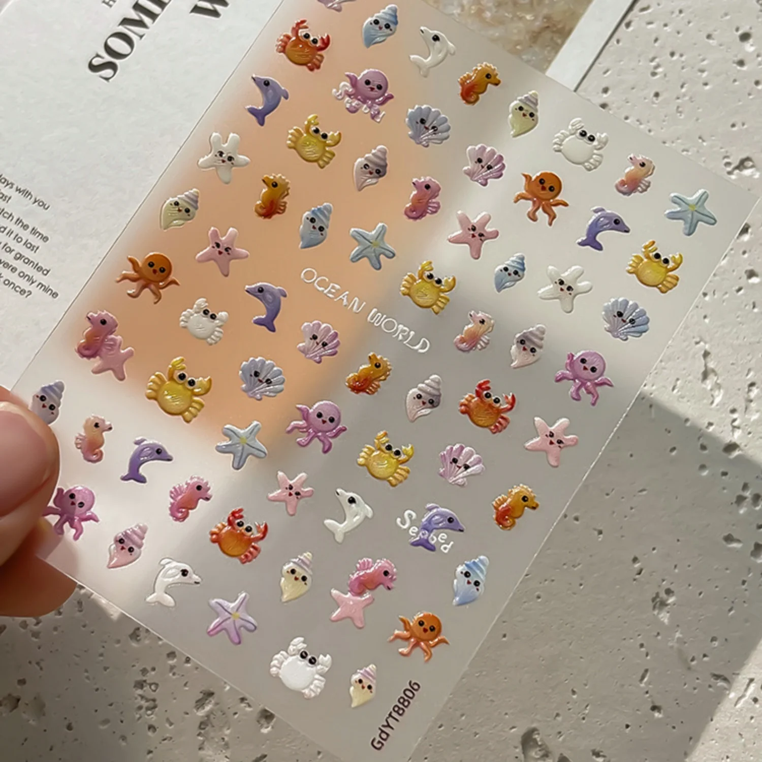 Summer Beach 5D Nail Stickers Crab Conch White Dolphin Multicolor Starfish Scallop Marine Self Adhesive Nail Decal Vacation DIY