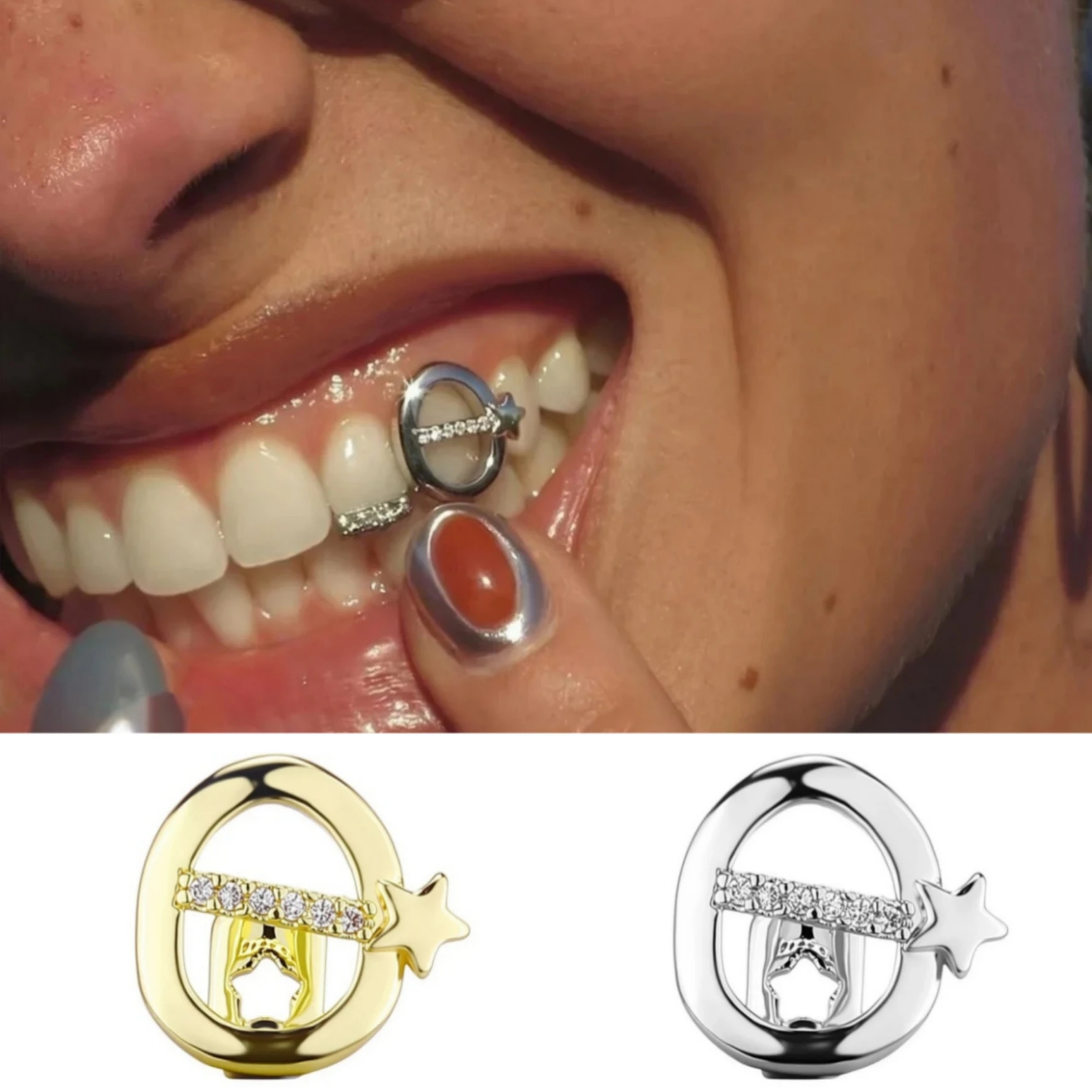 Hip Hop Men's Hollow Shooting Star Single Tooth round CZ Grillz Top & Bottom Shiny Punk Rapper Christmas Gift