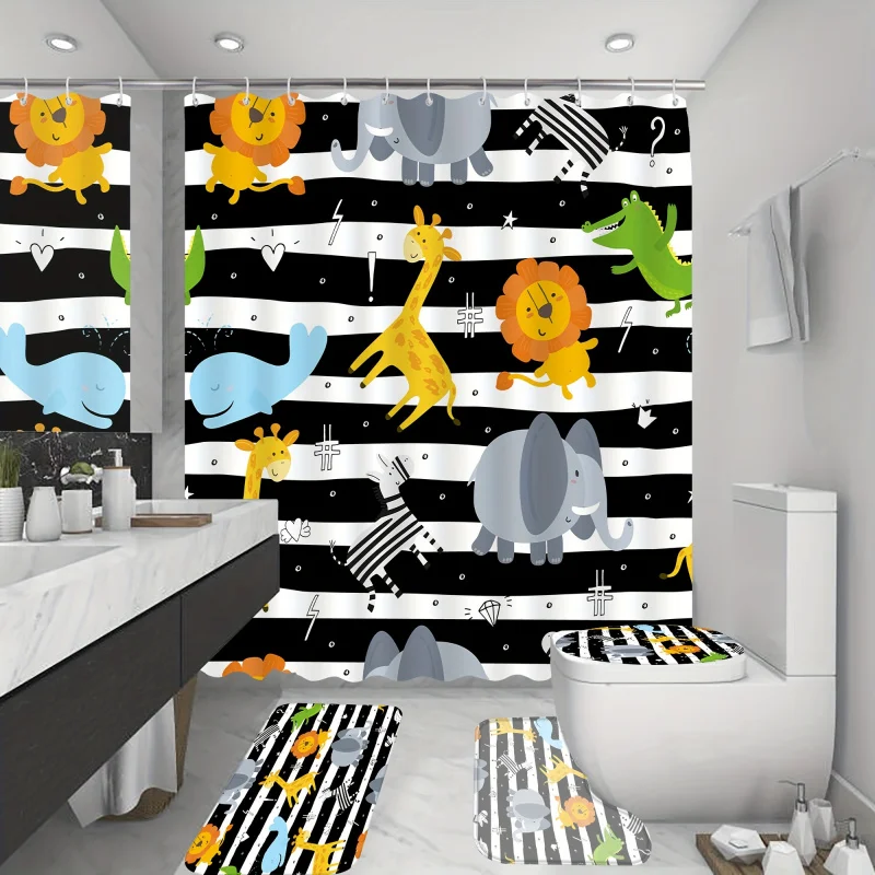 

4 шт., занавеска для душа с рисунком леса и коврики, милое лесное животное, дикая природа, красочный лев, слон, занавеска для душа, полиэстер Fa