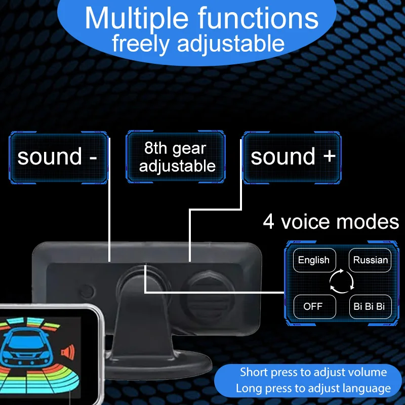 مجموعة أجهزة استشعار وقوف السيارات متعددة الرادار، شاشة LED إلكترونية بإضاءة خلفية، نظام صوتي متعدد الريف، كاشف عكسي، إنذار بمستشعر 6/8 #3