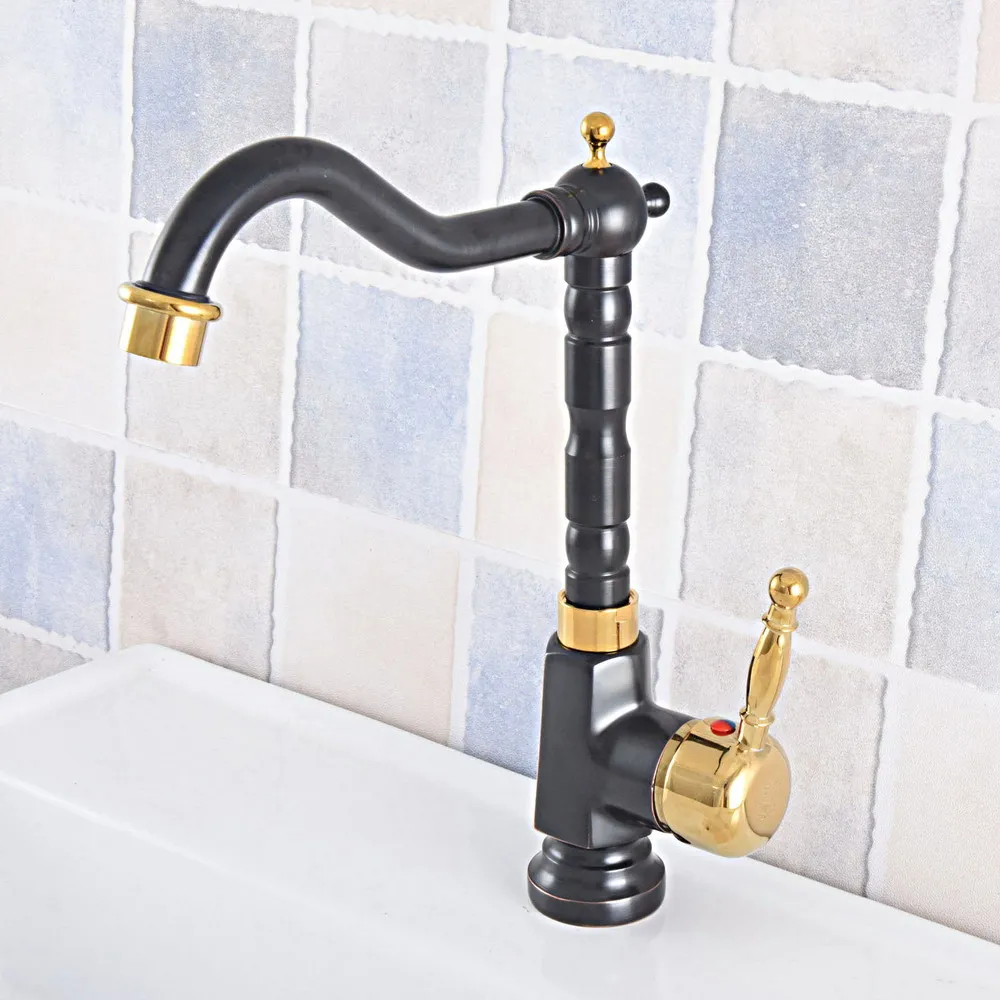 Kitchen Faucet Bathroom Sink Basin Mixer Tap Black & Gold Brass Faucet 360 Swivel Spout  tsf798