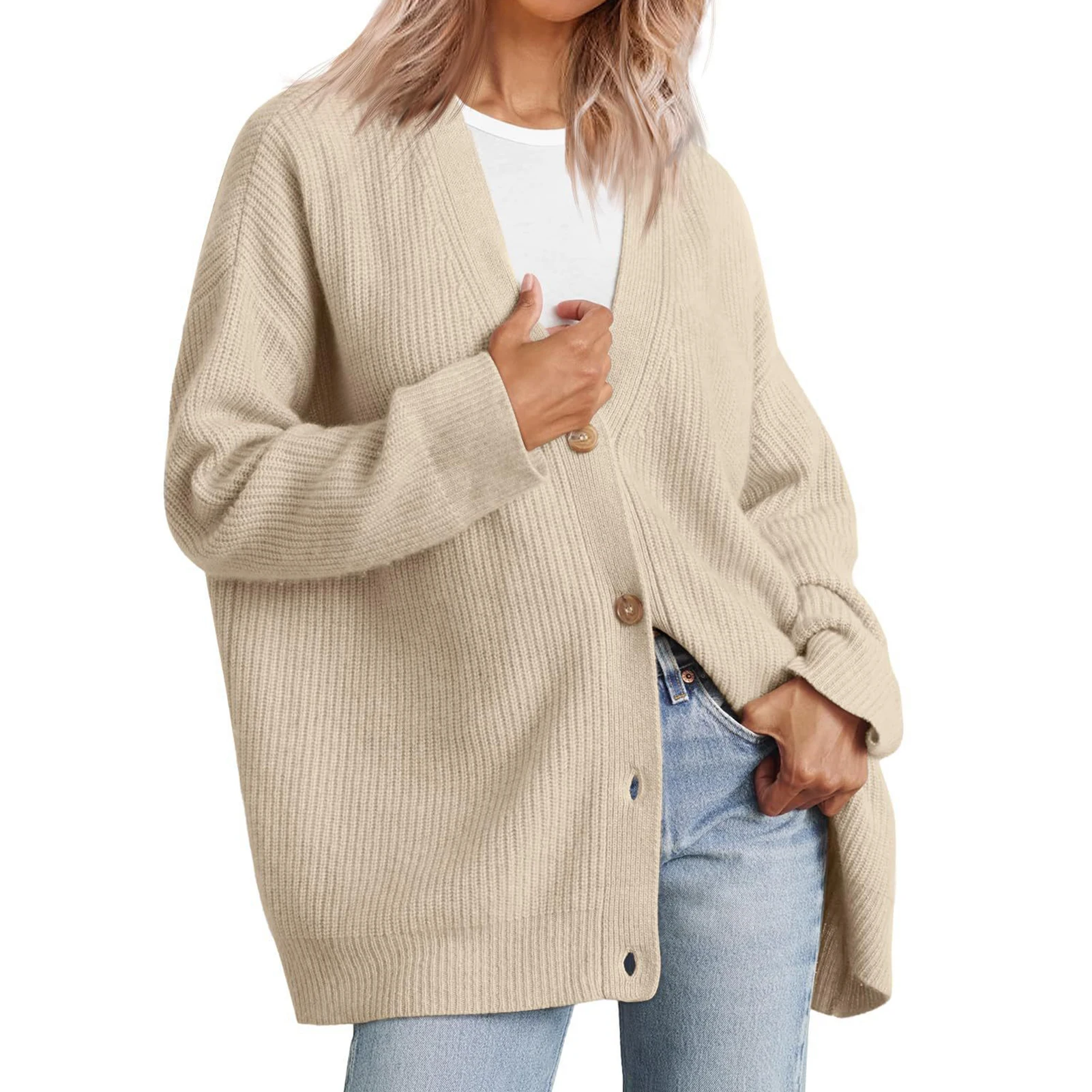 

Woman Loose Knit Cardigan Sweater Comfortable Wearing V-neck Leisure Cardigan Ideal Gifts for Girls Ladies Women