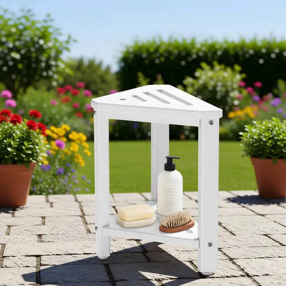 

Белая пластиковая скамейка для душа с полкой для хранения для небольших помещений